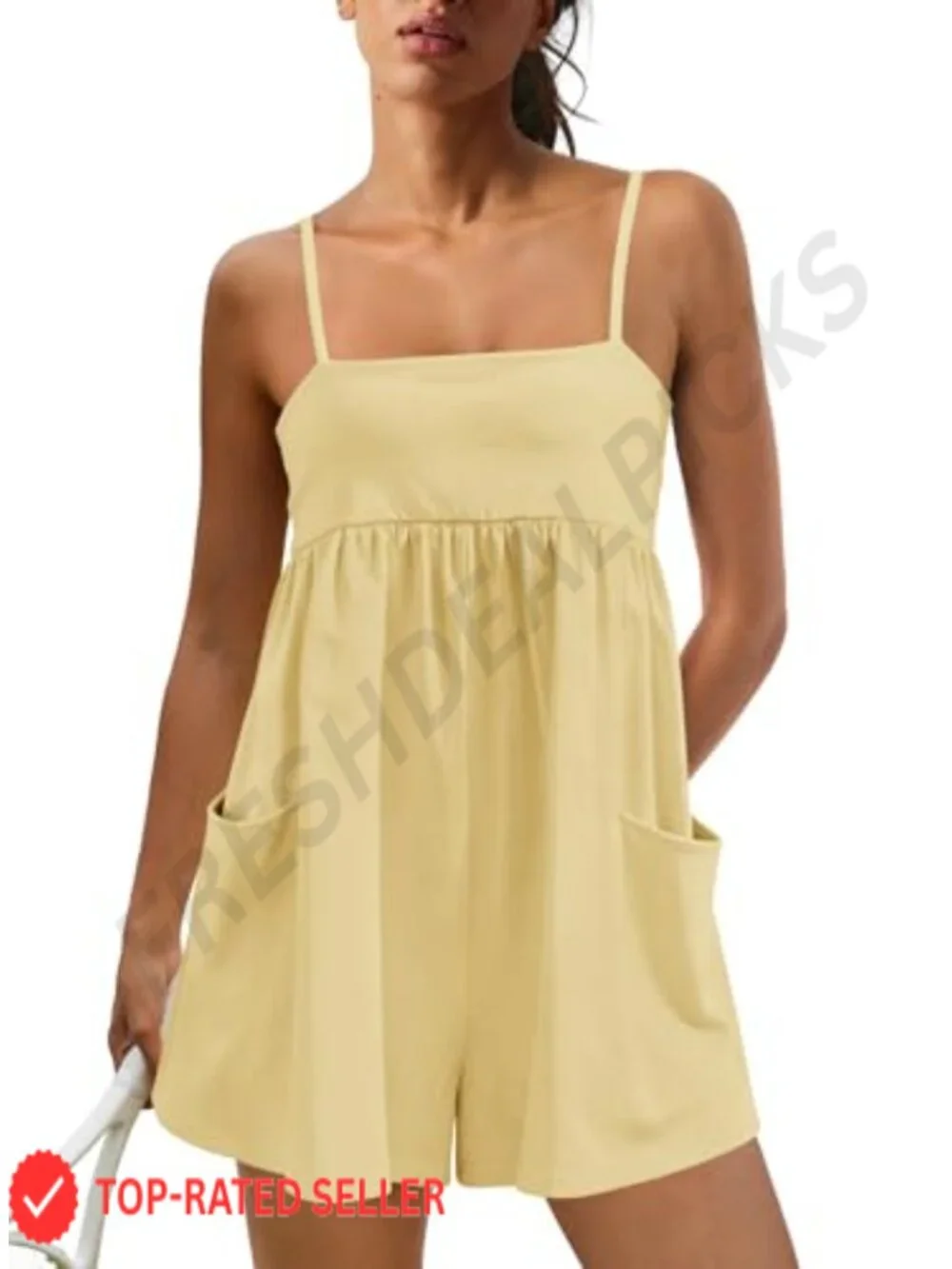 Women's Sleeveless Square Neck Romper with Pockets, Summer Cotton Blend Jumpsuit